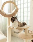 Transformable Cat Tree in Modern Home Decor -Cat comfortably nestled in the acrylic cat bed.