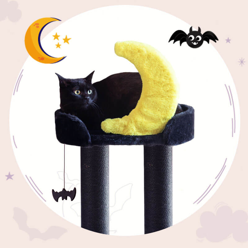 Nightfall Cat Tree, moon and bat theme details.