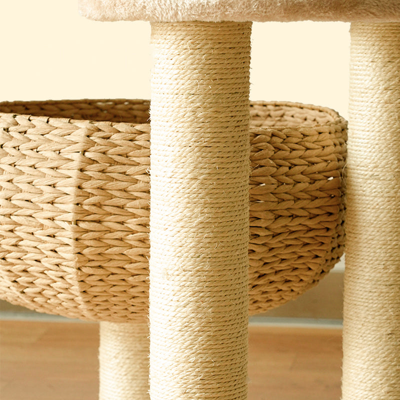 wicker nest and scratching post combo of Sleeping in the Bowl Cat Tree