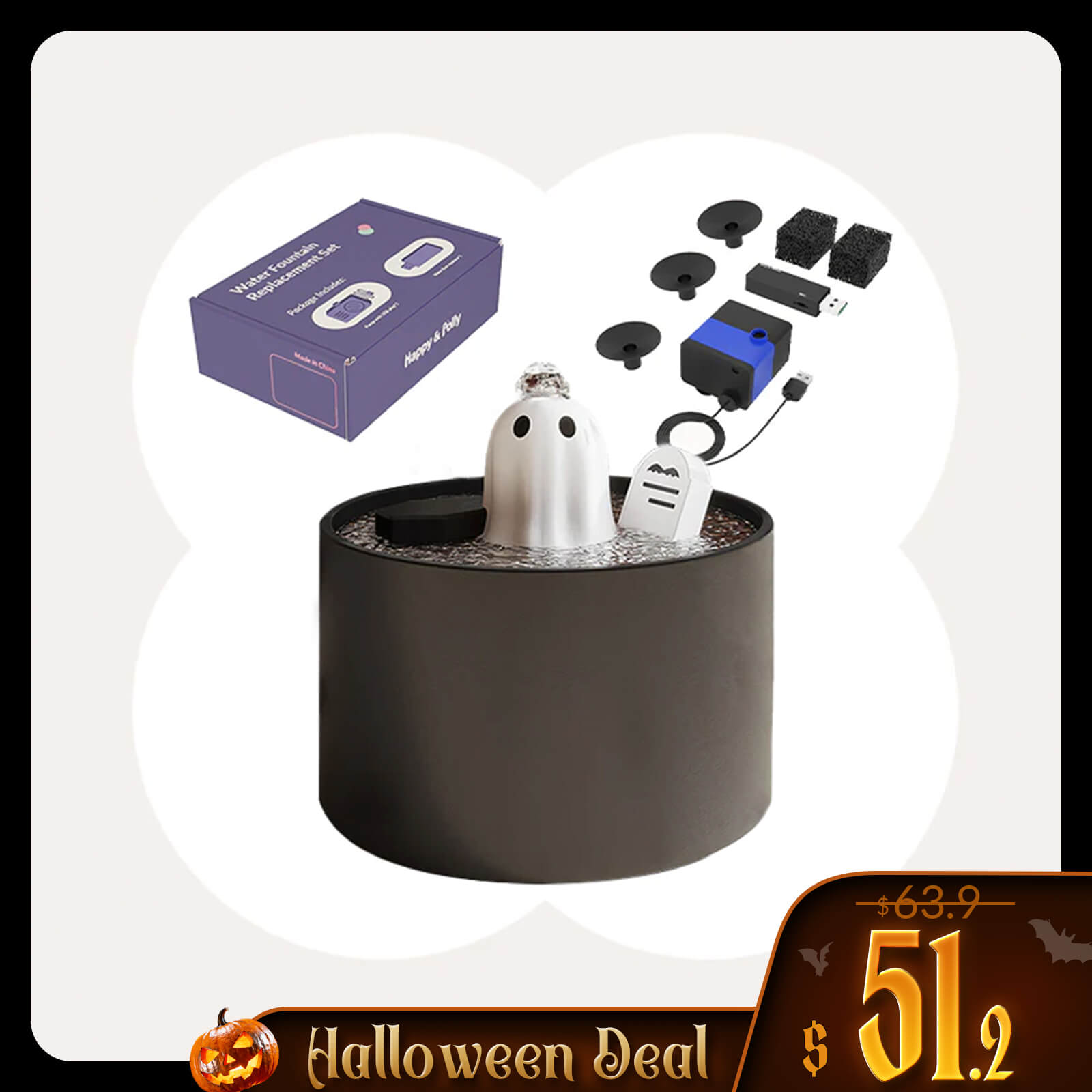 50oz/1.5L Ghost Drinking Fountain-Elevate Your Cat&#39;s Hydration