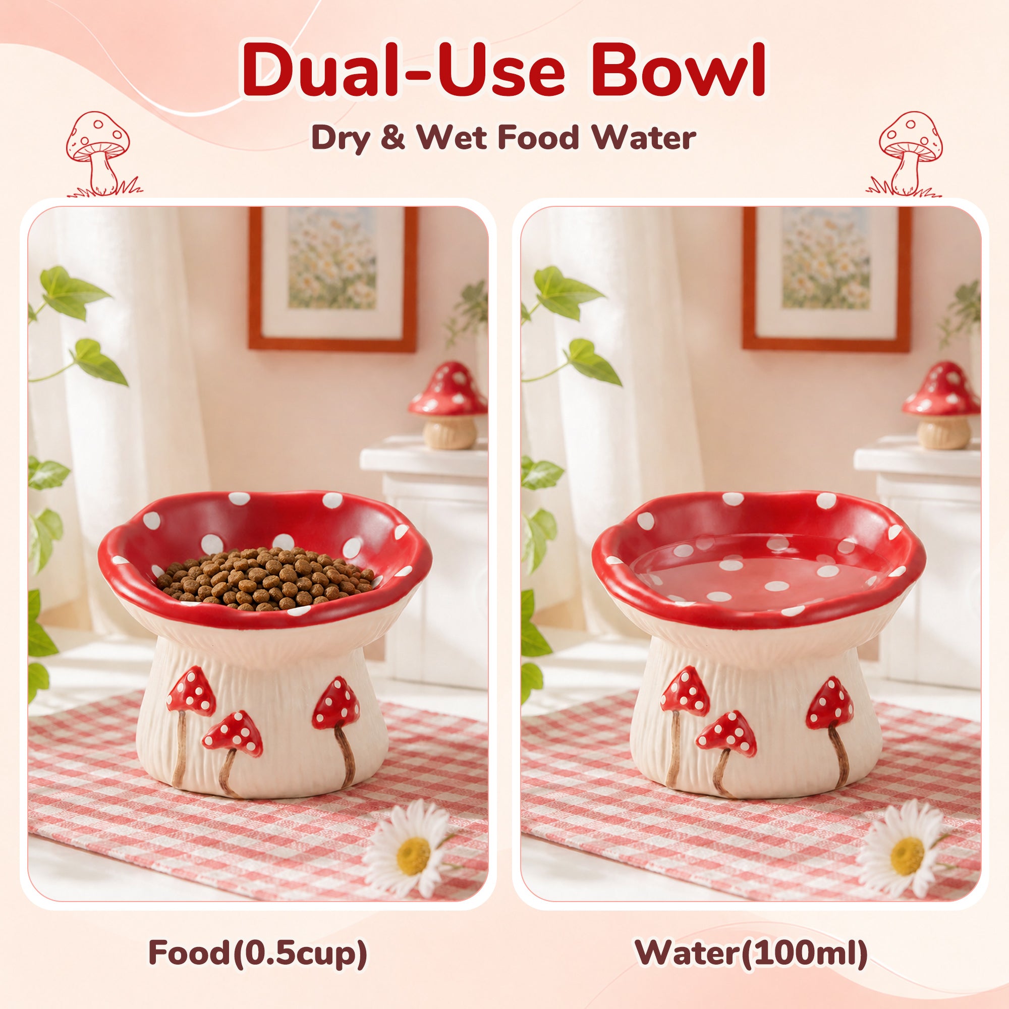 3.4oz Mushroom Picnic Ceramic Cat Bowl