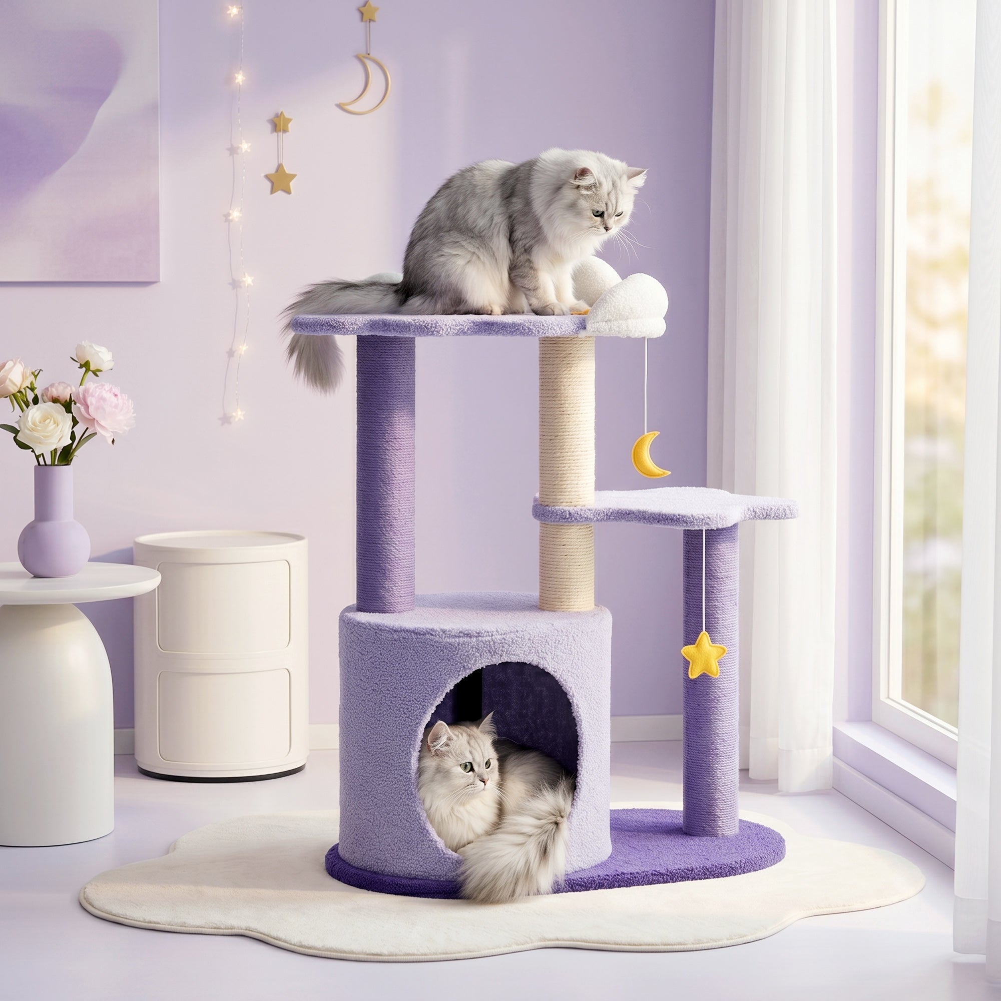 Moonlight Cottage Cat Tree with cats in a home setting