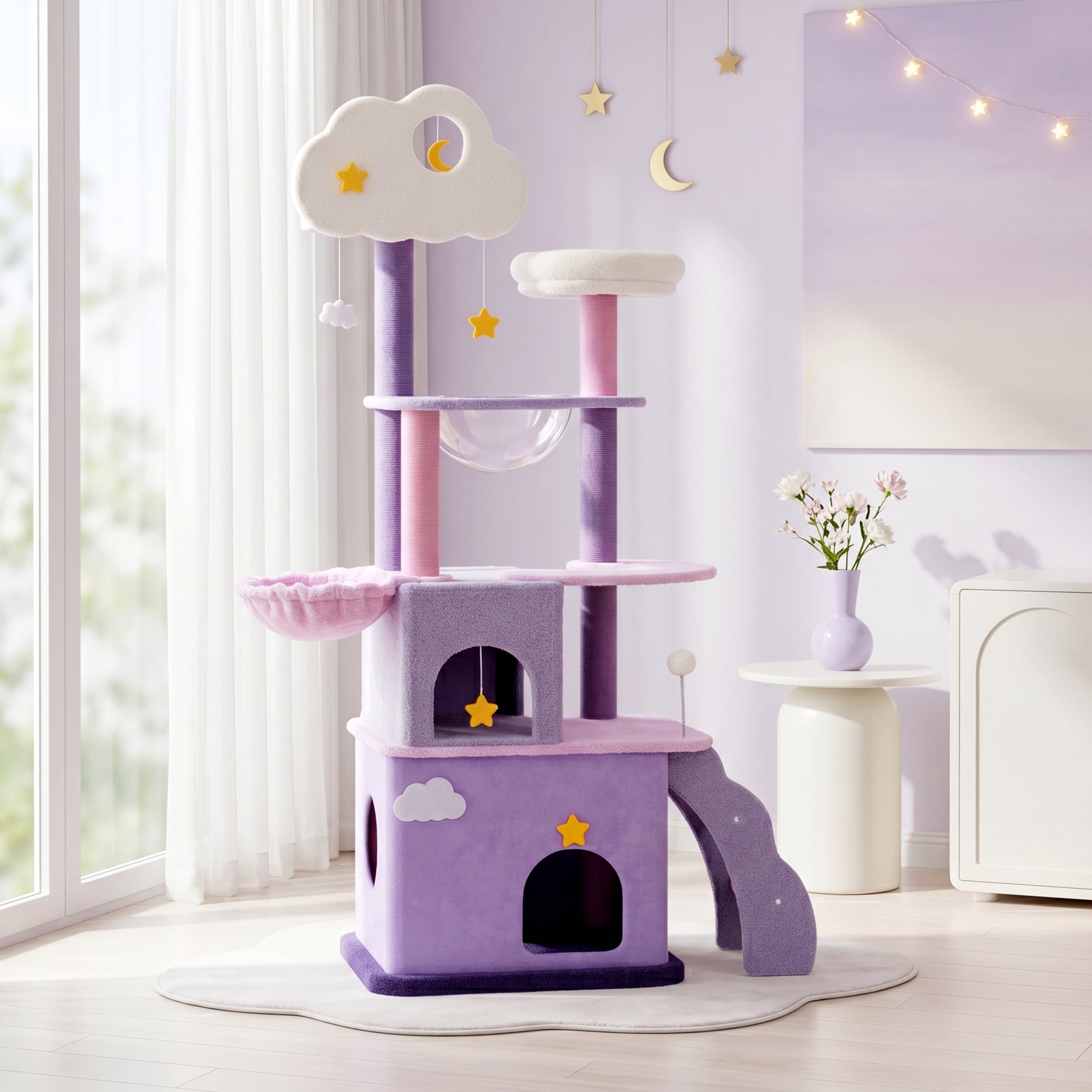 70 inch Moonlight Palace Cat Tree in a bright living room