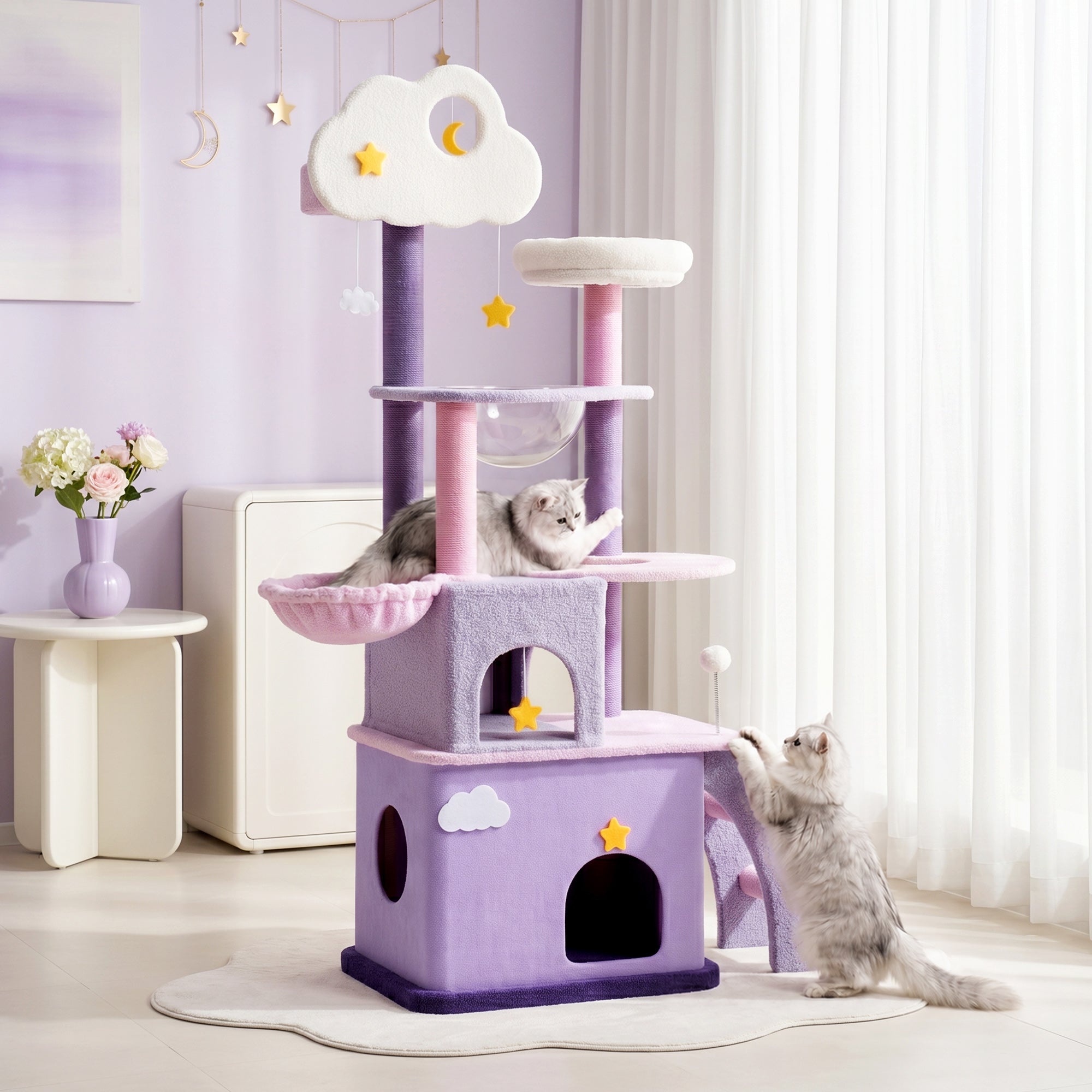 70 inch Moonlight Palace Cat Tree lifestyle with cats