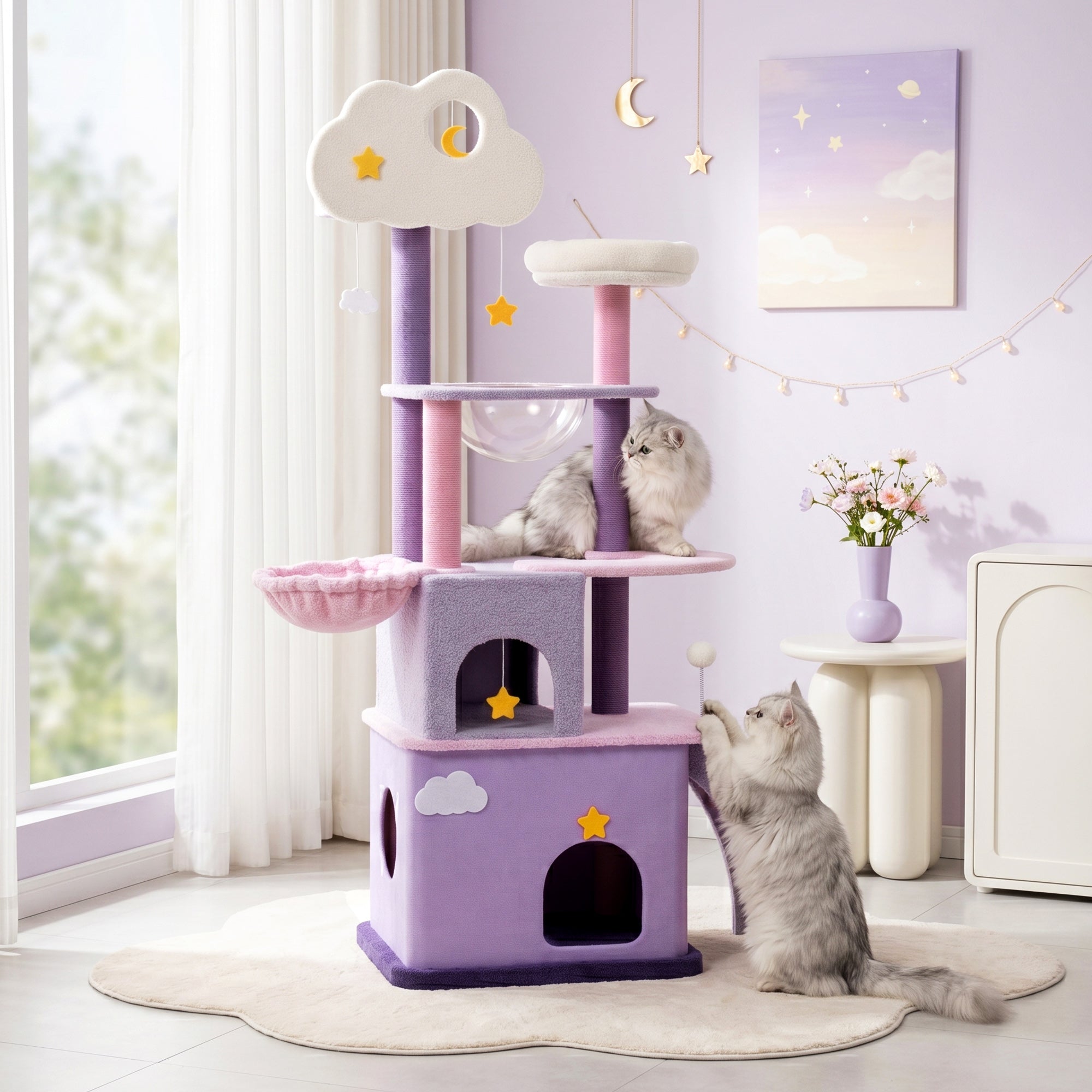 70 inch Moonlight Palace Cat Tree with cats playing
