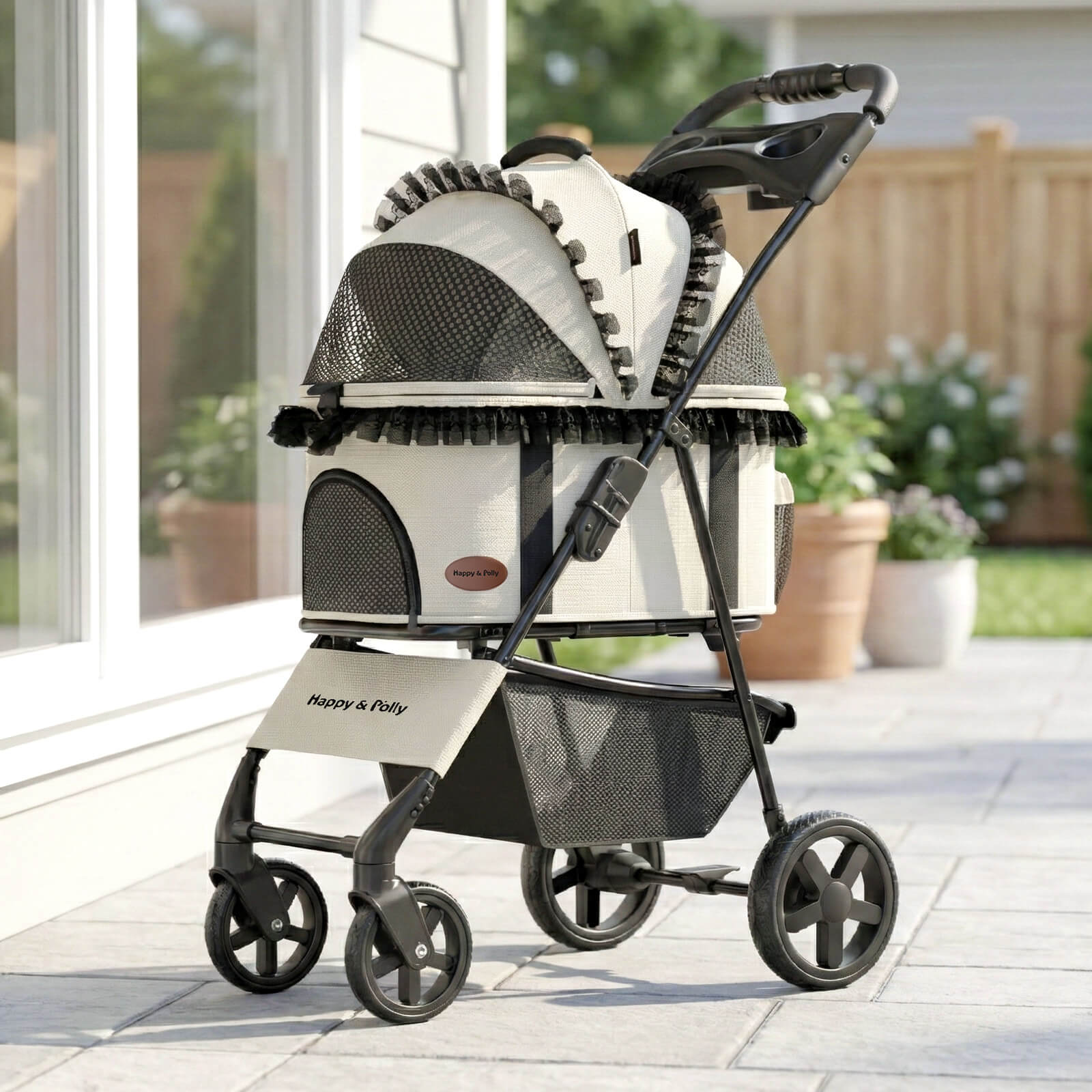 paws & pals twin double folding dog & cat stroller Happy & Polly Luxury Foldable Stroller with Shock-Absorbing Wheels for Small Dogs & Cats, Khaki