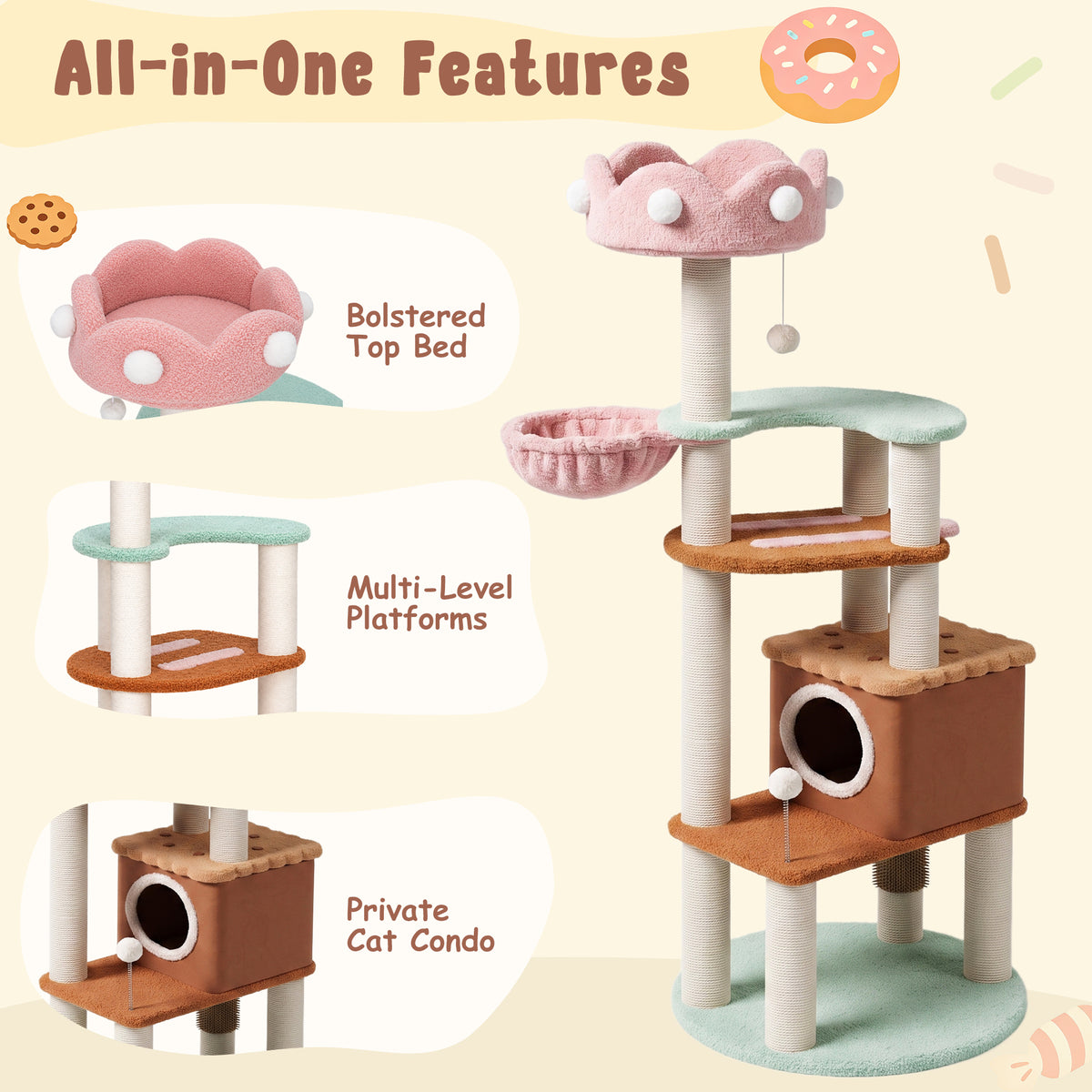 Happy &amp; Polly-Large Ice Cream Cat Tree-All in One Features