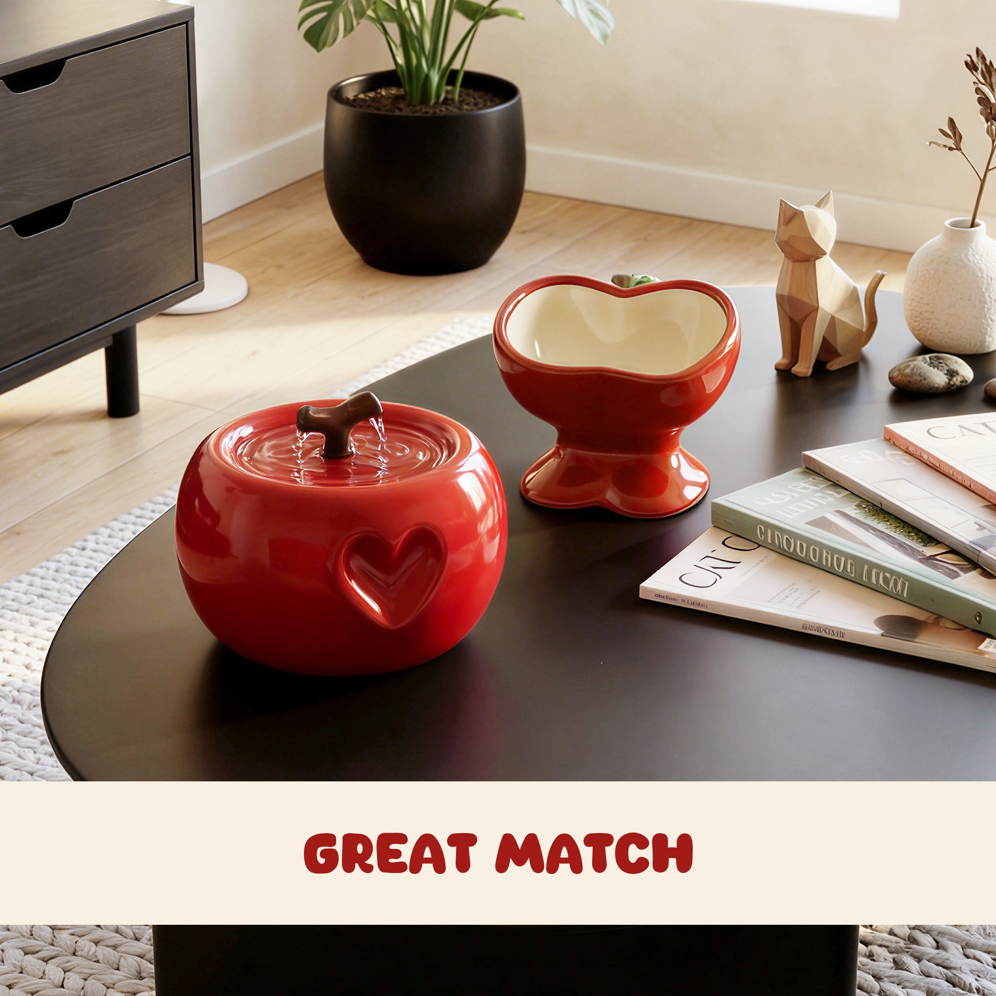 Love Apple Cat Bowl &amp; Fountain Set