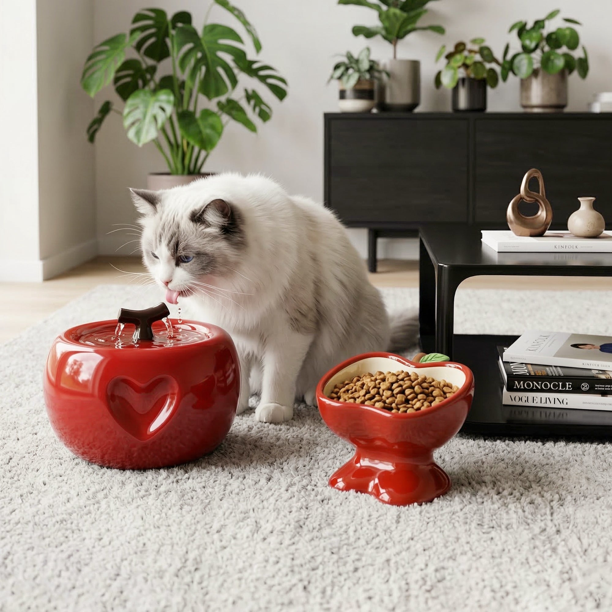 Love Apple Cat Bowl &amp; Fountain Set