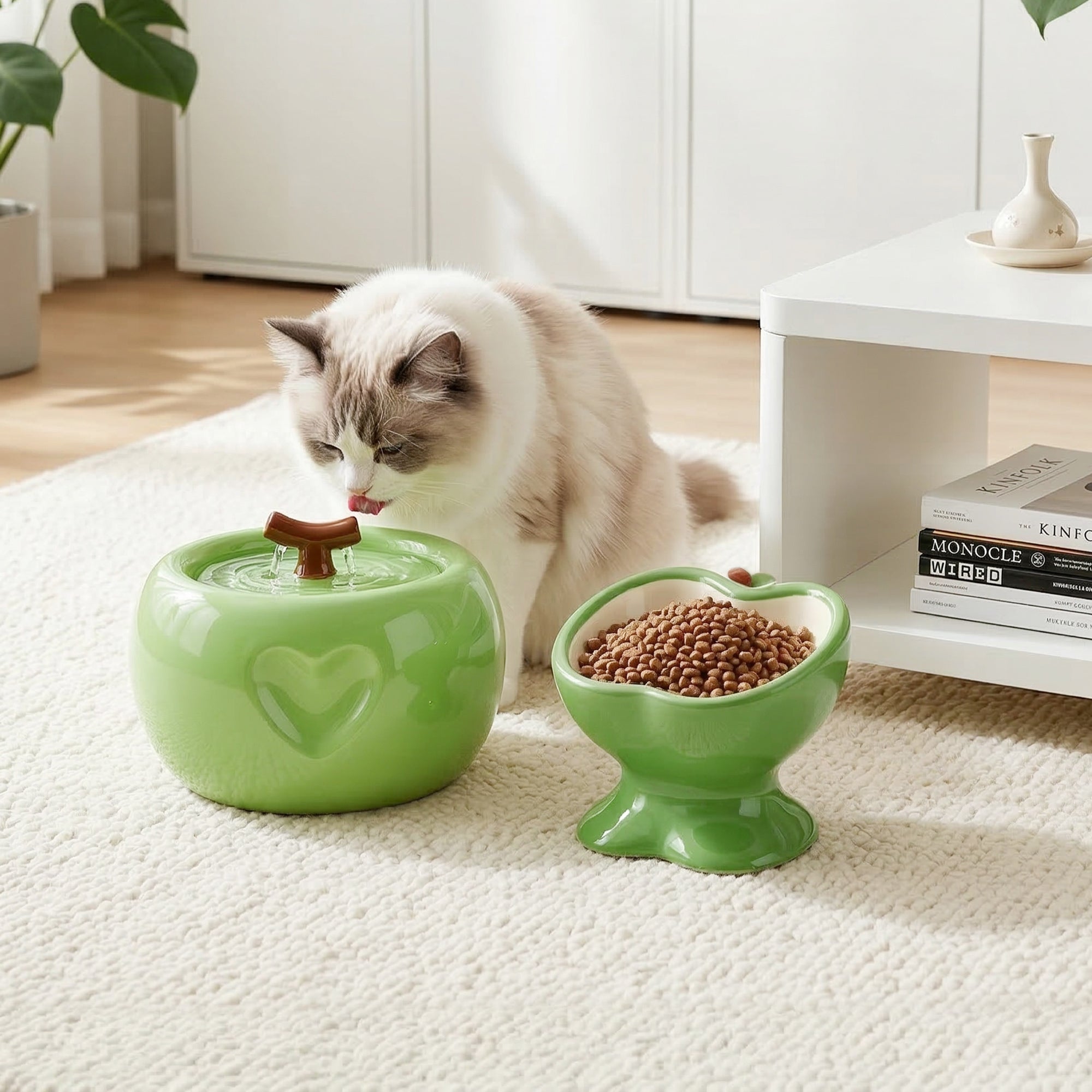 Love Apple Cat Bowl &amp; Fountain Set