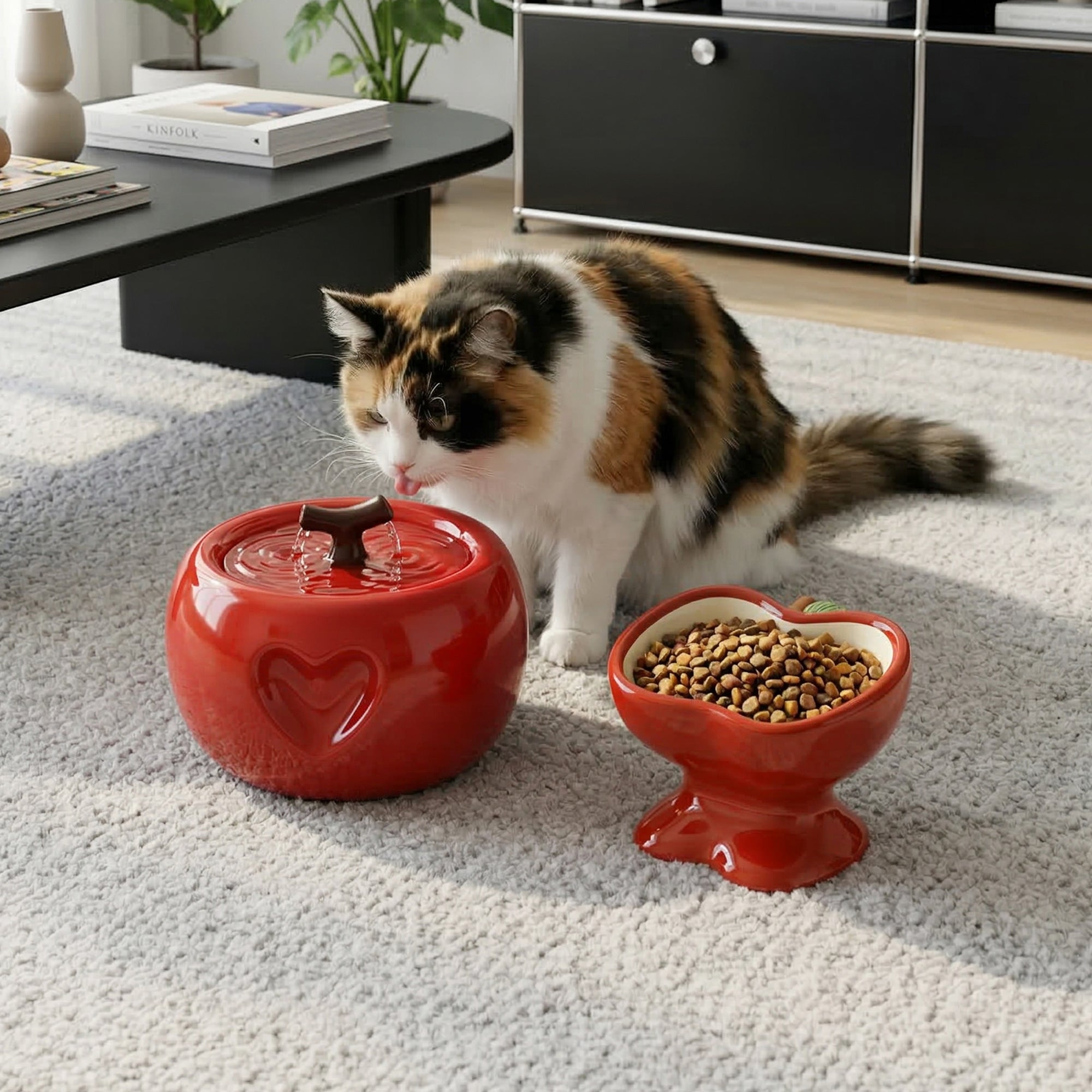 Love Apple Cat Bowl &amp; Fountain Set