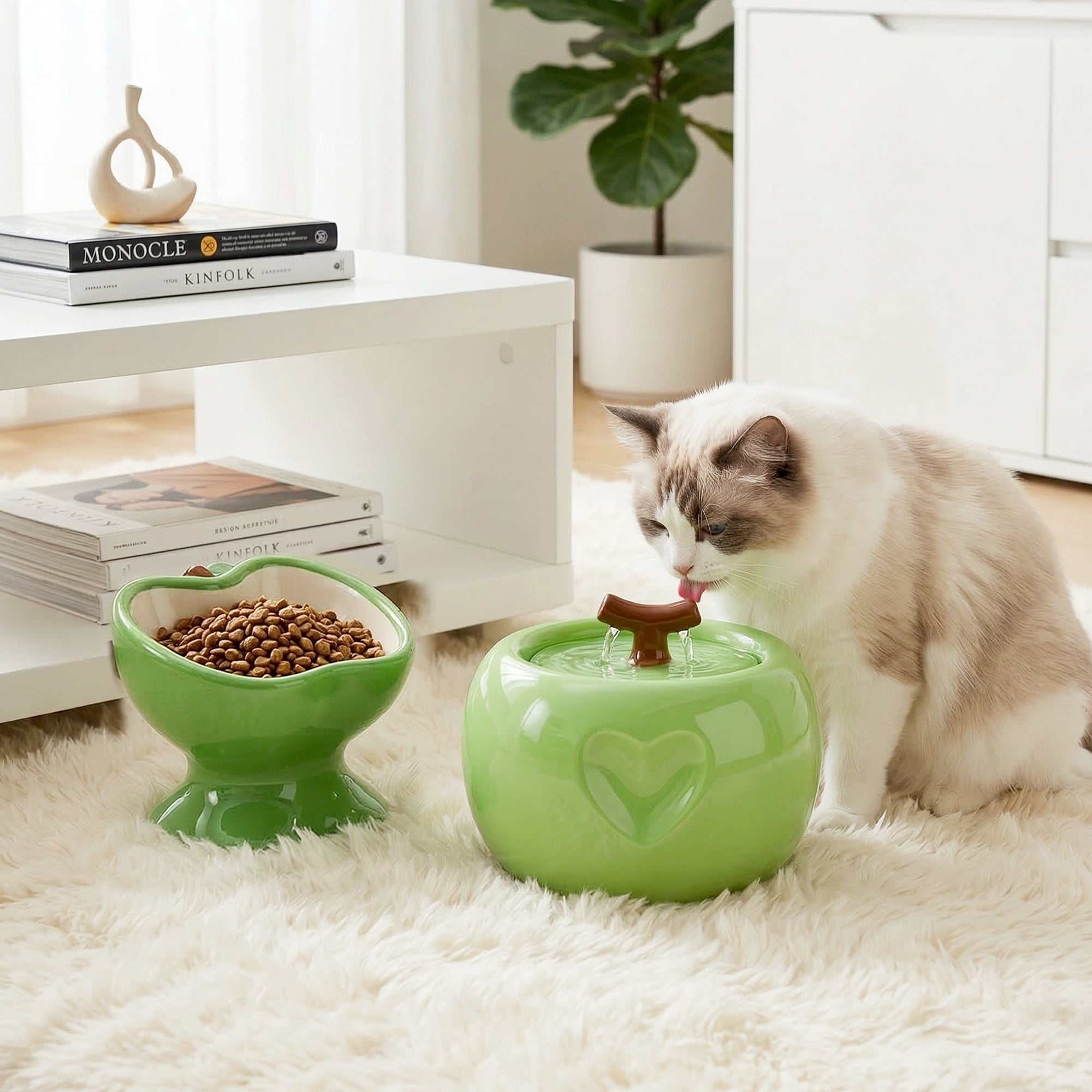 Love Apple Cat Bowl &amp; Fountain Set