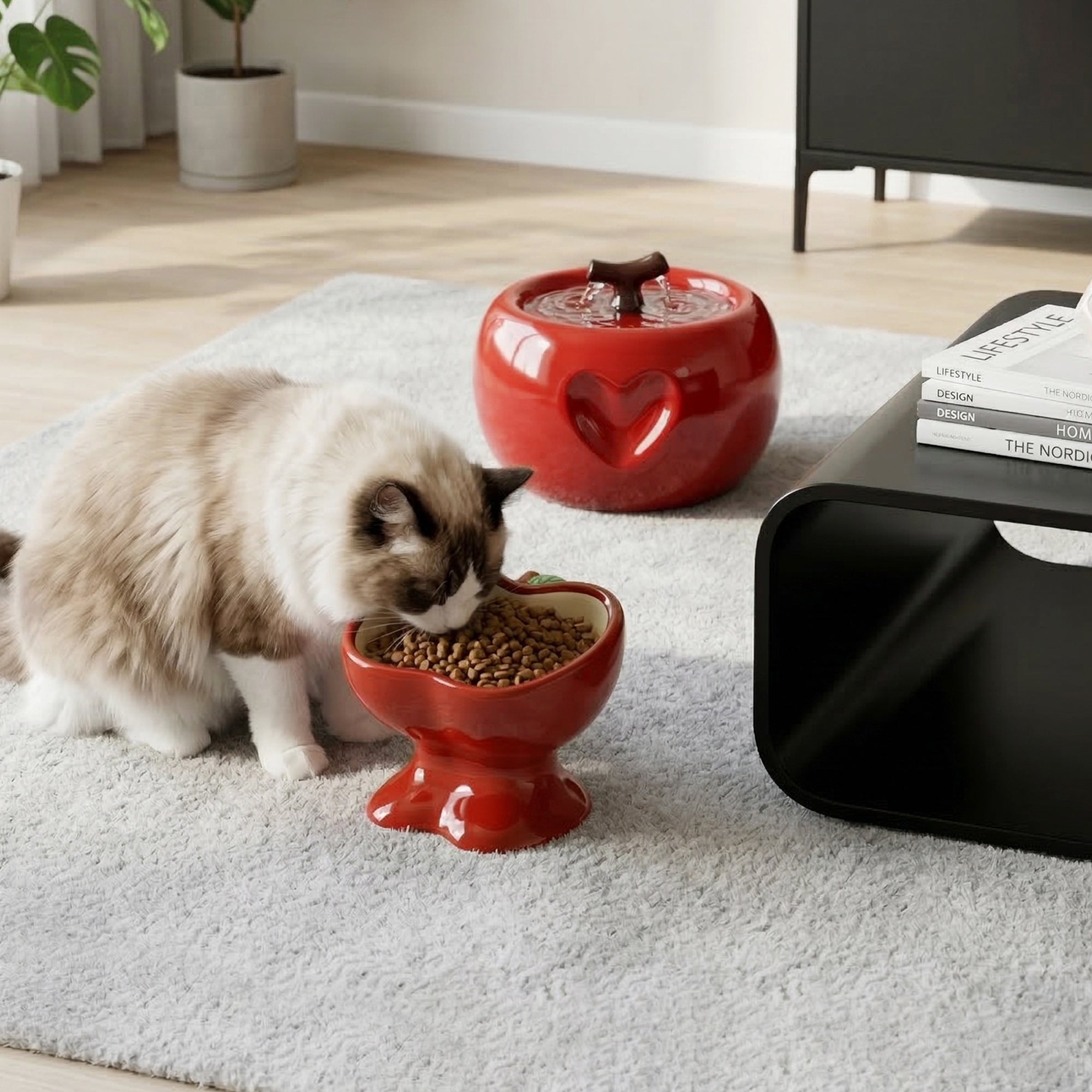 Love Apple Cat Bowl &amp; Fountain Set