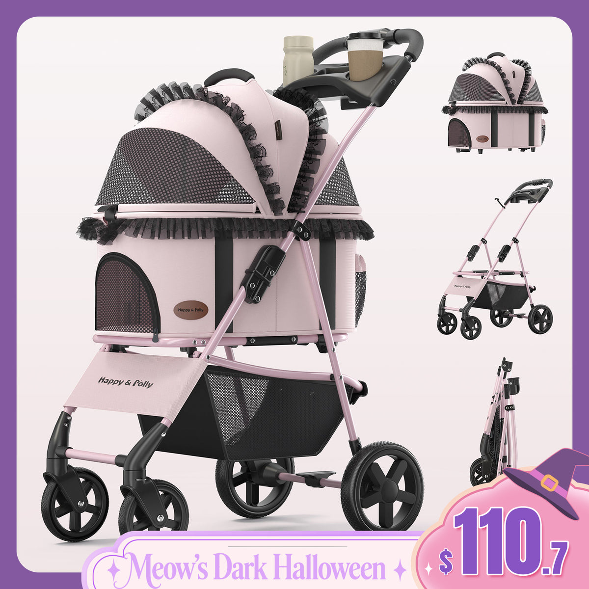 Foldable Pet Stroller with Detachable Carrier