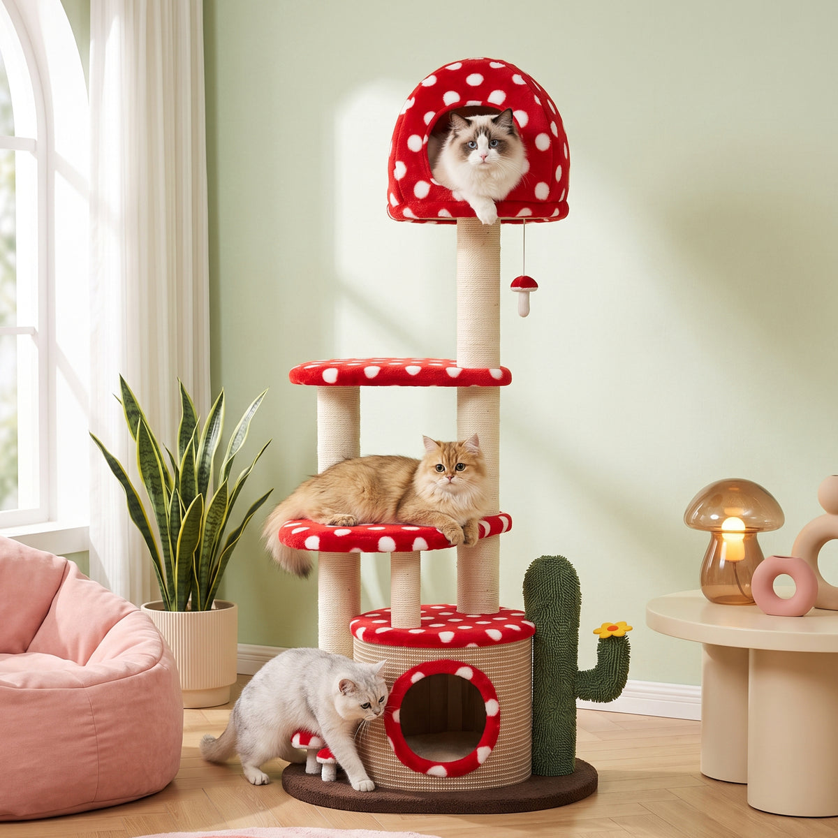Large Red Mushroom Cat Tree - Indoor Design- Happy&amp;Polly