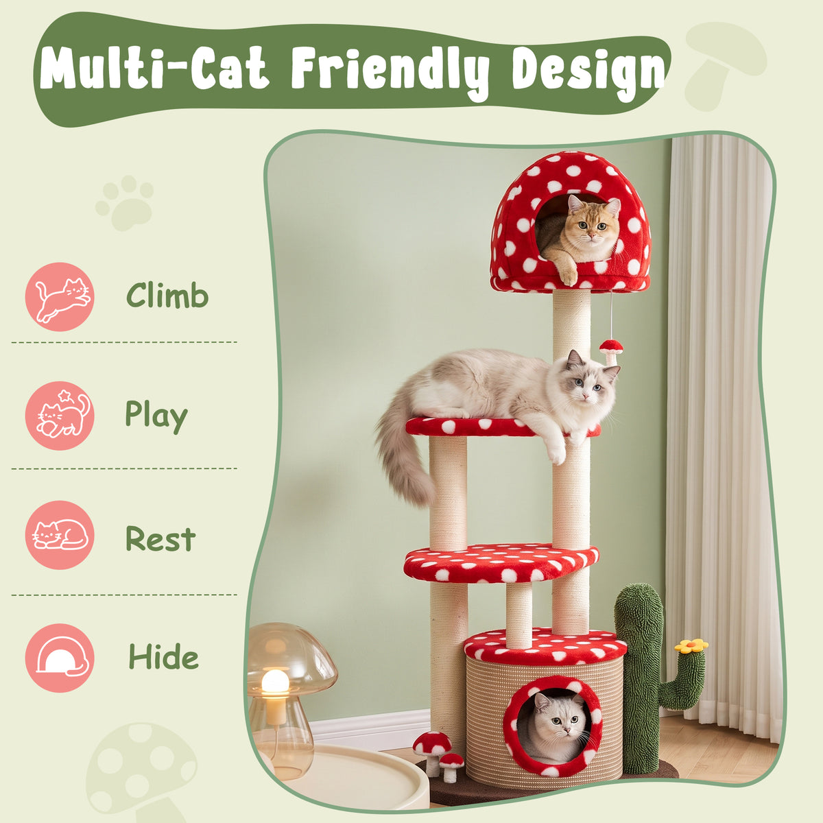 Large Red Mushroom Cat Tree - multi cat Design- Happy&amp;Polly
