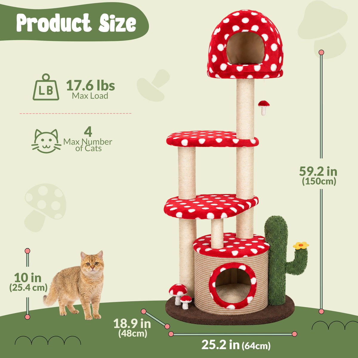 Large Red Mushroom Cat Tree - Product Size- Happy&amp;Polly