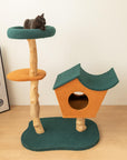 A black cat sitting on the Brown Wood House Cat Tree