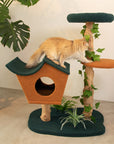 Cat moving from Brown Wood House Cat Tree roof to orange platform in living room