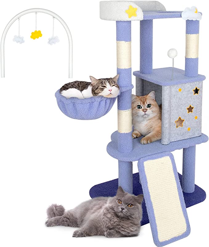 Cats enjoying King Cloud Cat Tree hammock, hideout, and stable base – designed for multiple cats.