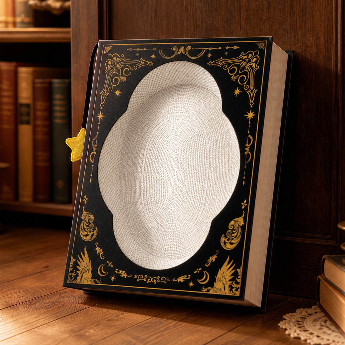 Book-shaped scratcher upright in room