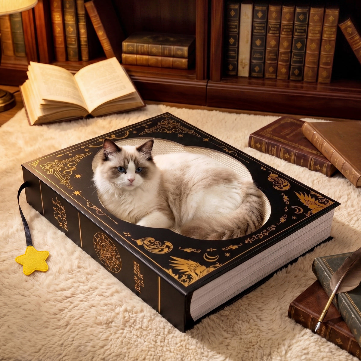 Cat resting on book-shaped scratcher