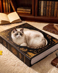 Cat resting on book-shaped scratcher