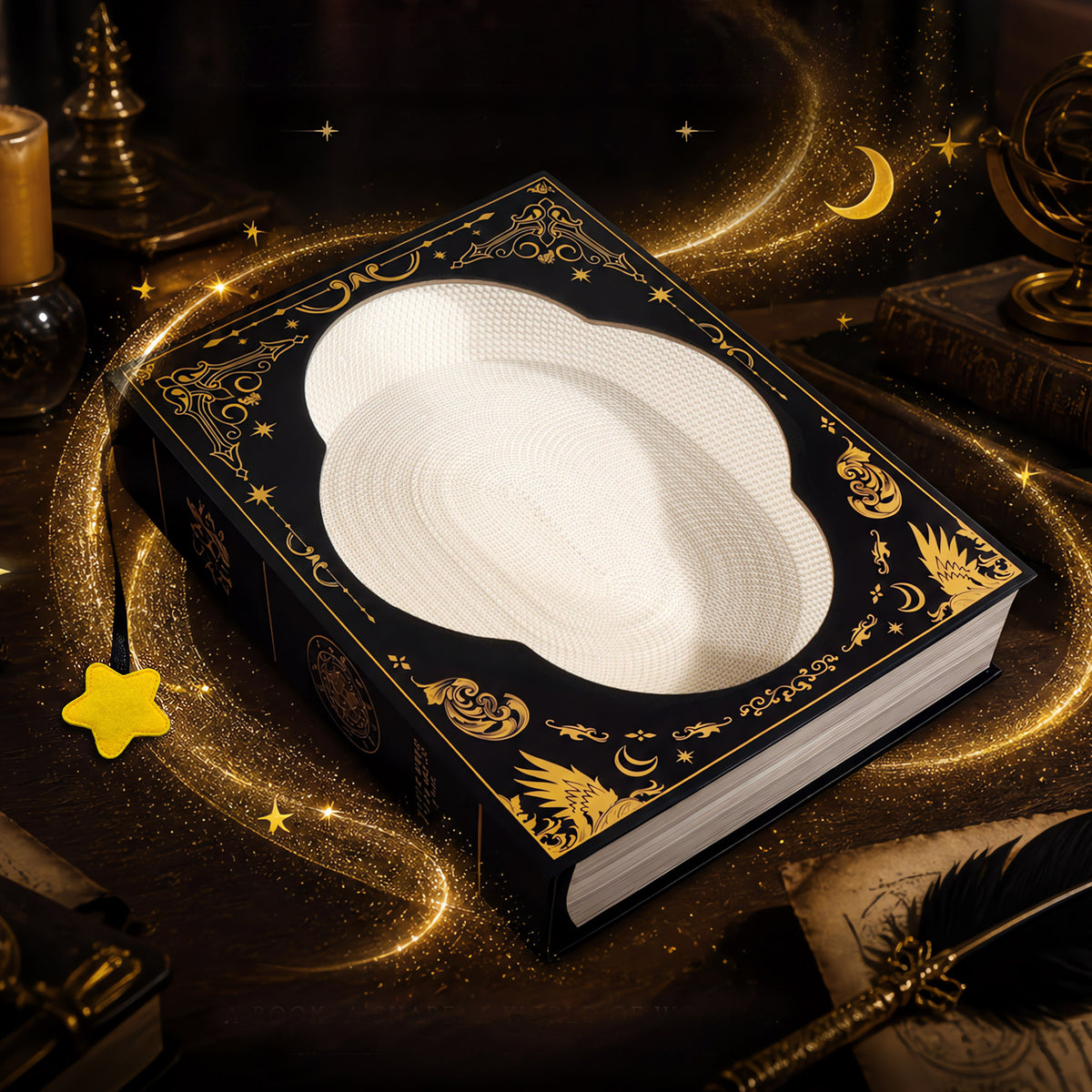 Book-shaped cat scratcher in golden celestial scene