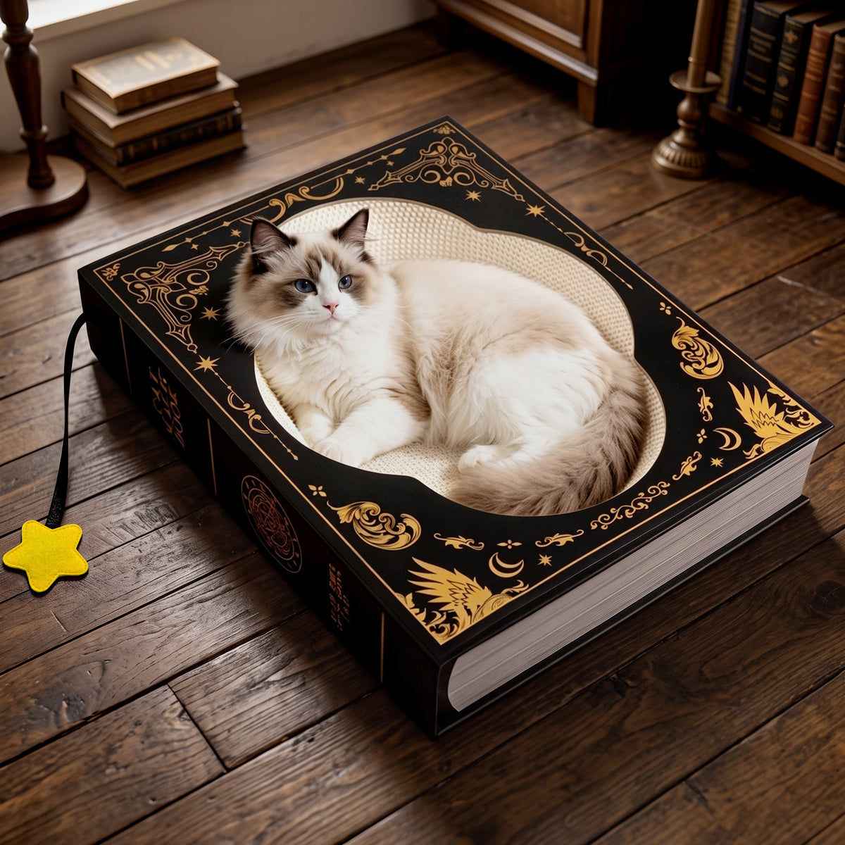 Cat resting on scratcher in reading room