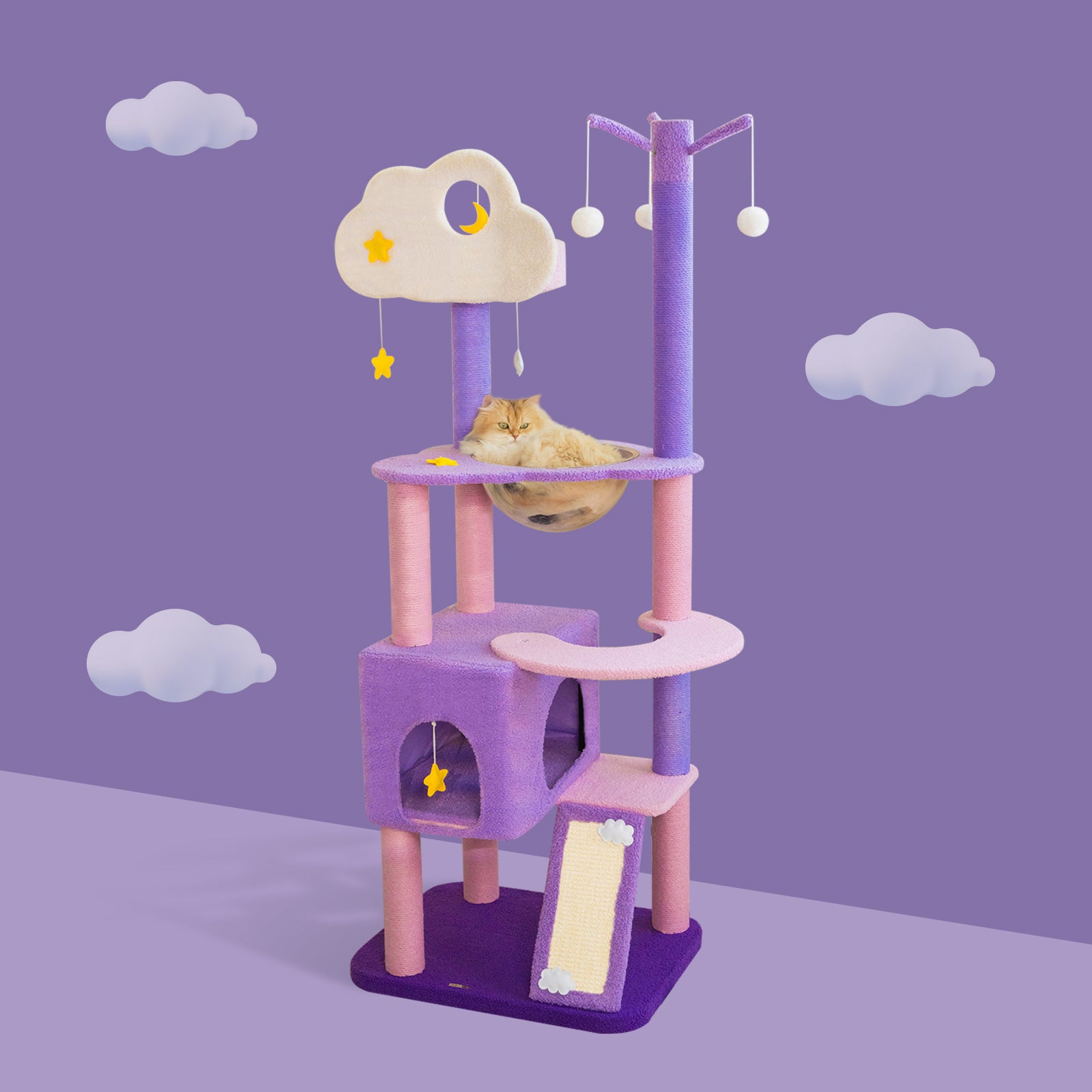 A cat sleeping in the bowl of moonlight cat tree