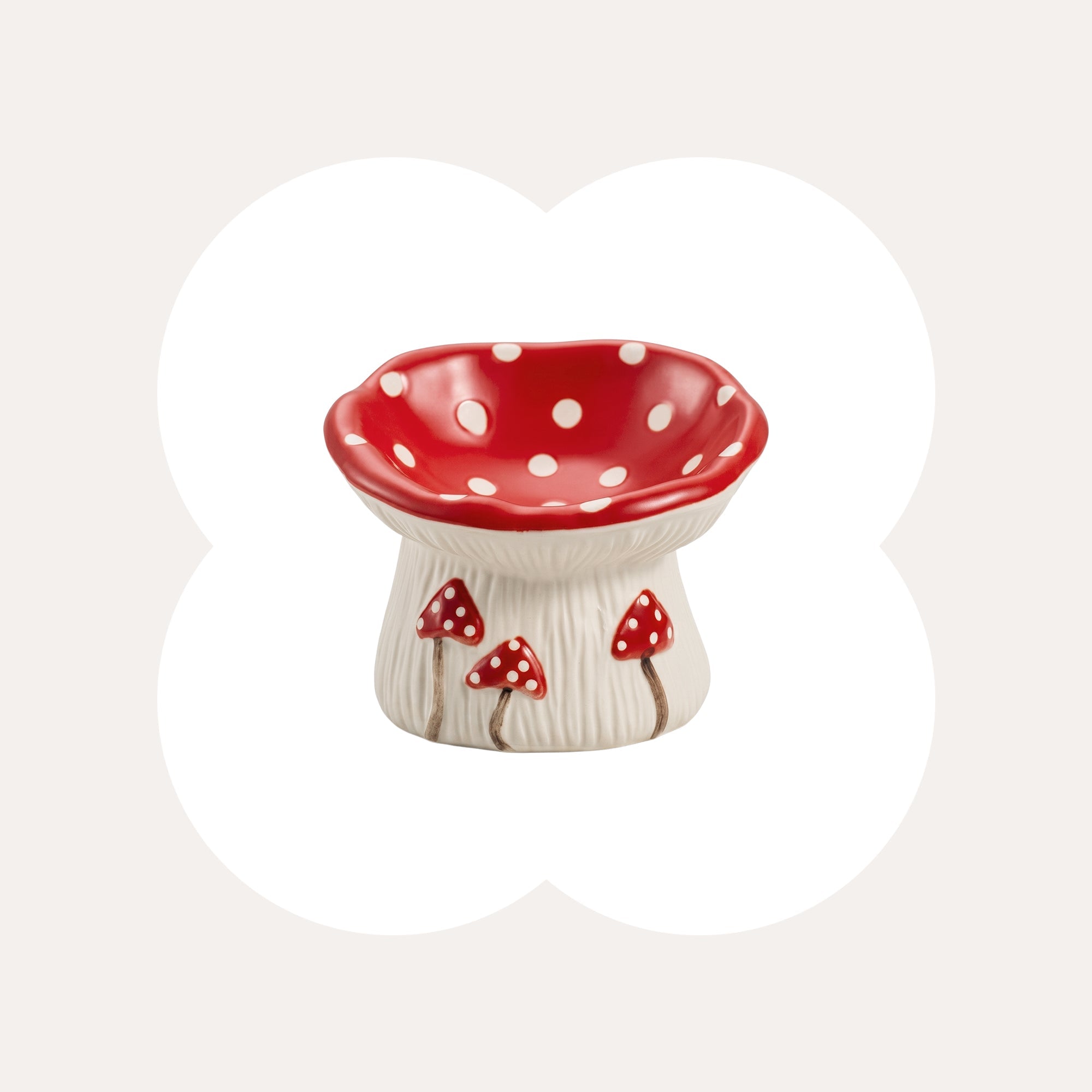 3.4oz Mushroom Picnic Ceramic Cat Bowl on petal background