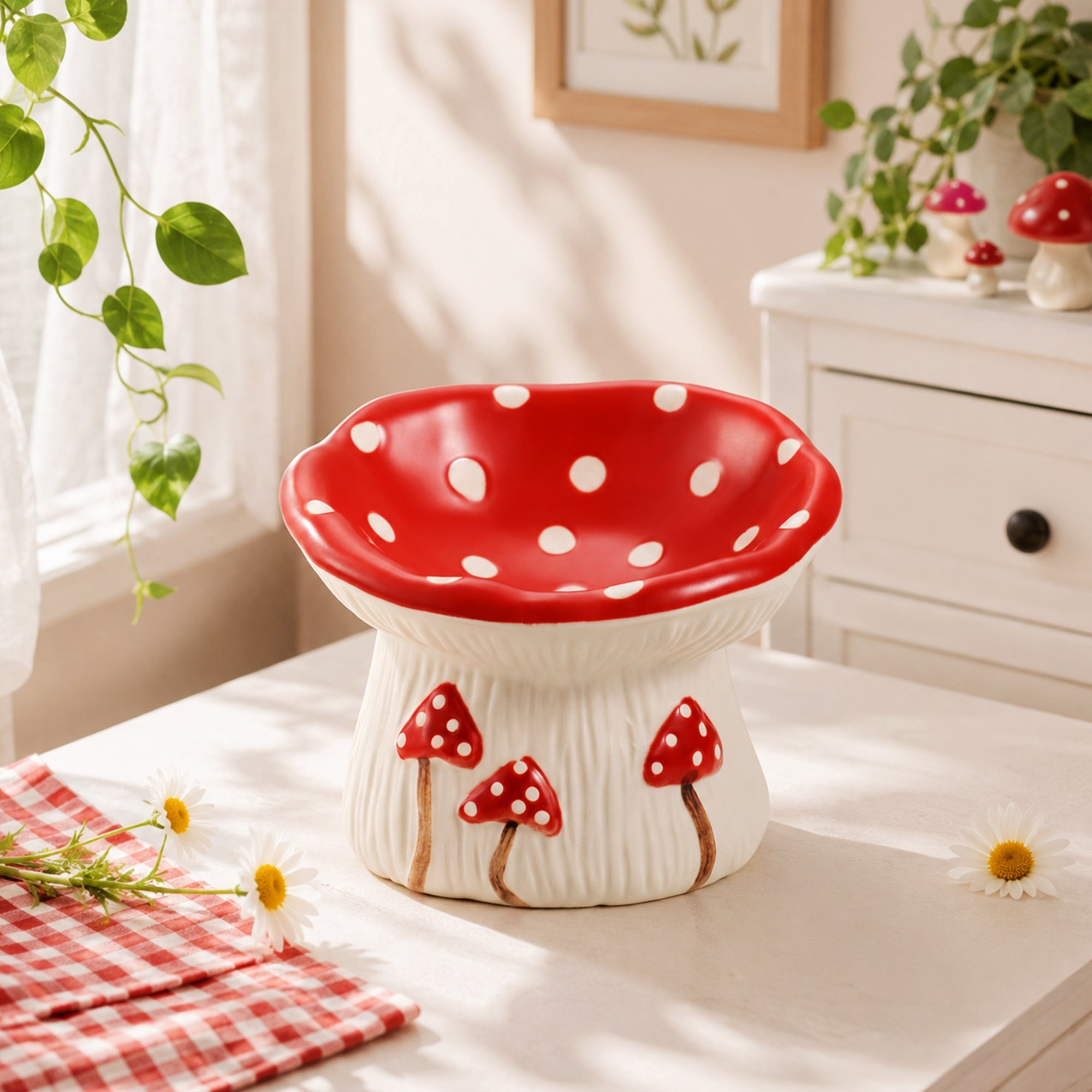 Mushroom ceramic cat bowl in a bright dining scene