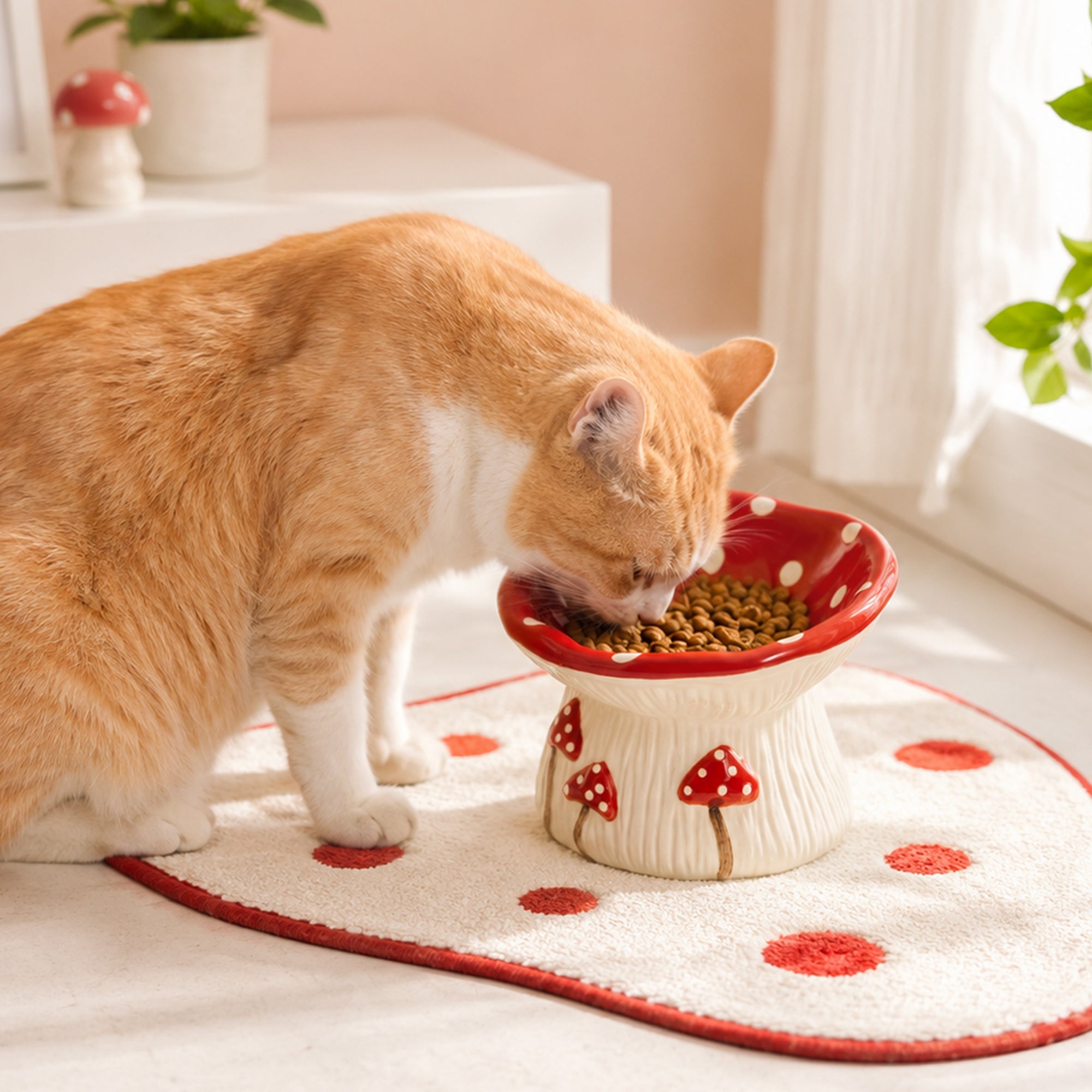 Cat eating from the elevated mushroom bowl