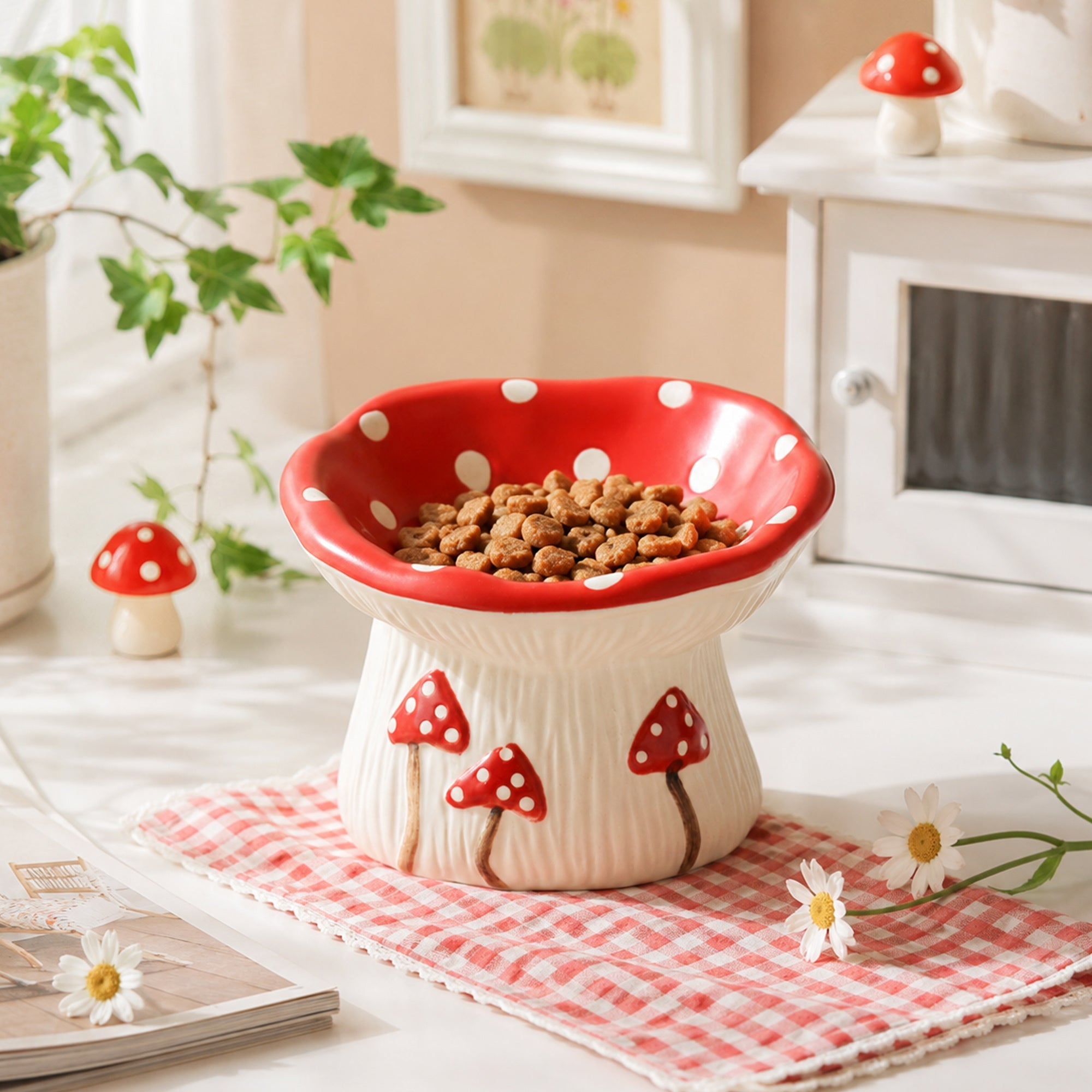 Mushroom cat bowl on a picnic gingham mat