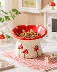 Mushroom cat bowl on a picnic gingham mat