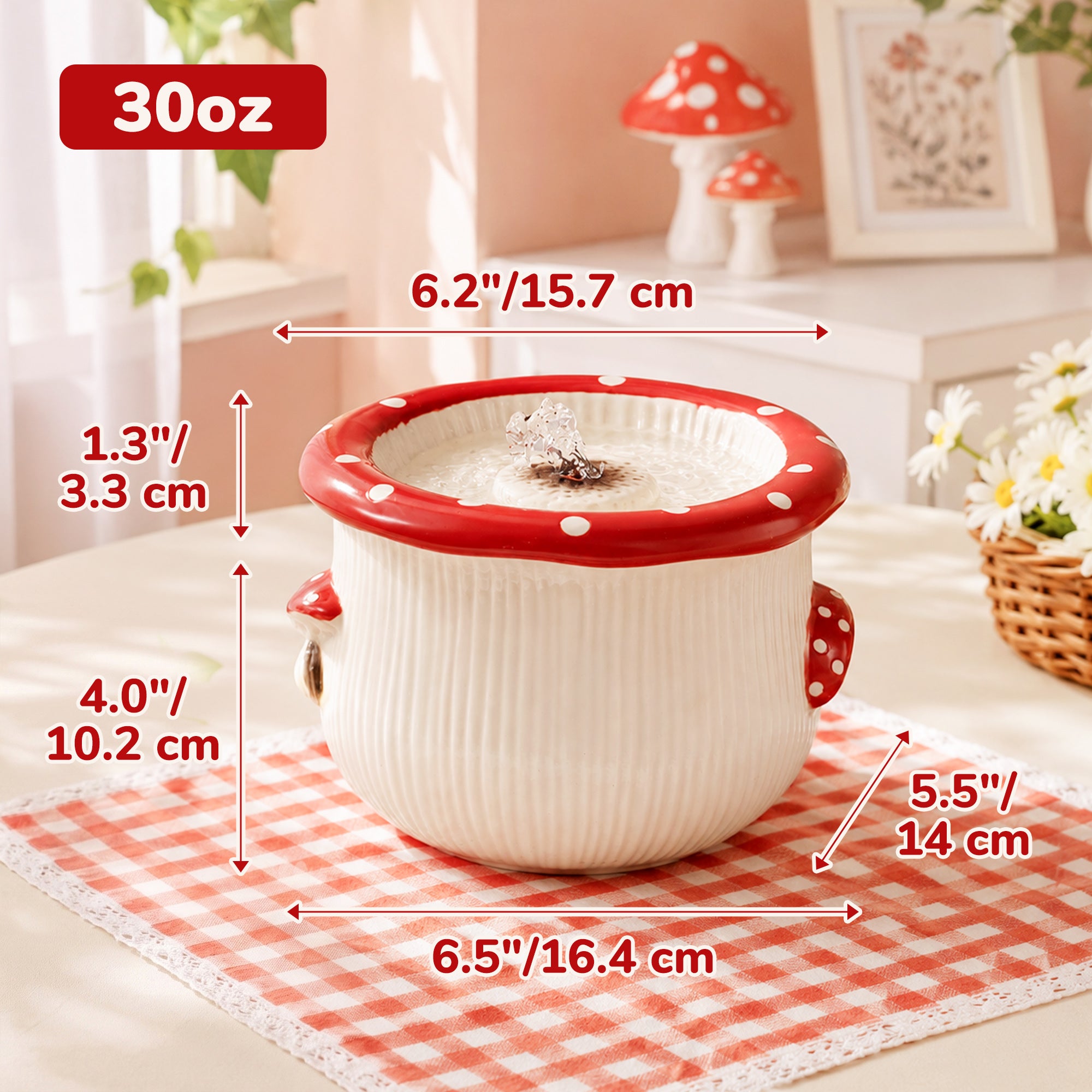 30oz Mushroom Picnic Cat Water Fountain dimensions