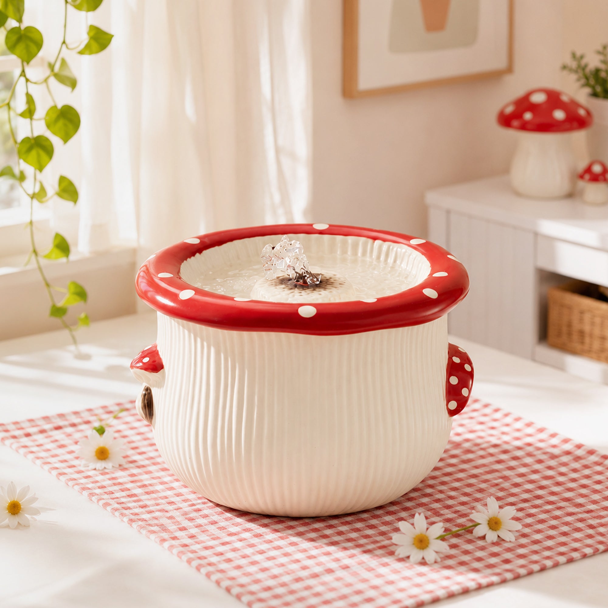 Mushroom Picnic Cat Water Fountain tabletop scene