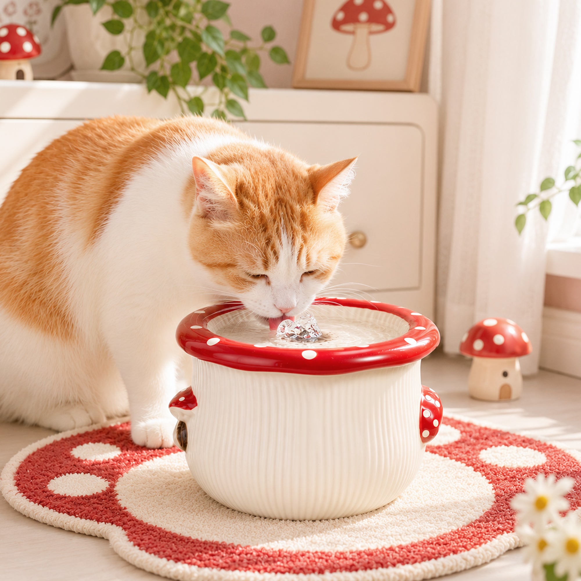 Cat drinking from Mushroom Picnic Ceramic Water Fountain
