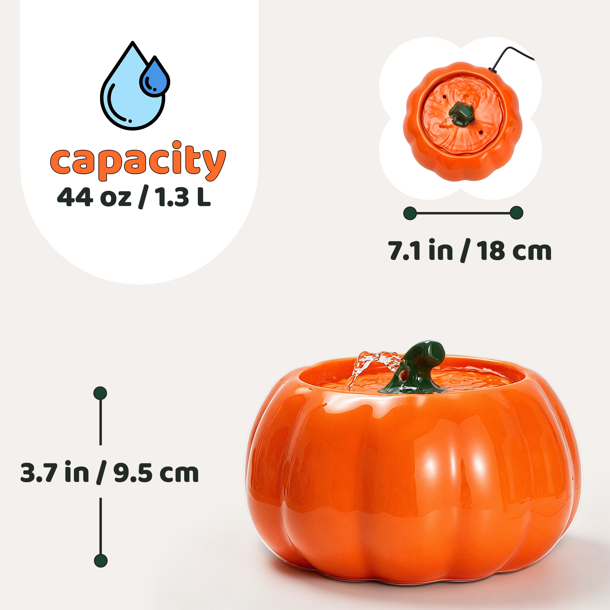 44 oz pumpkin cat water fountain dimensions and capacity
