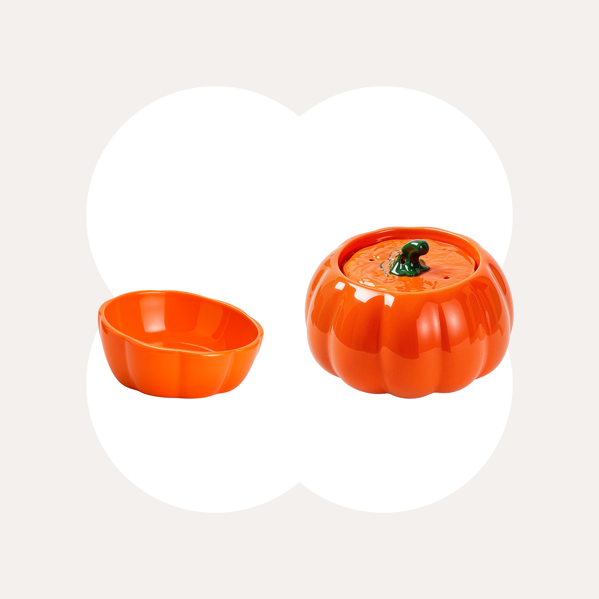 Orange Pumpkin Patch ceramic cat water fountain and matching cat bowl set.