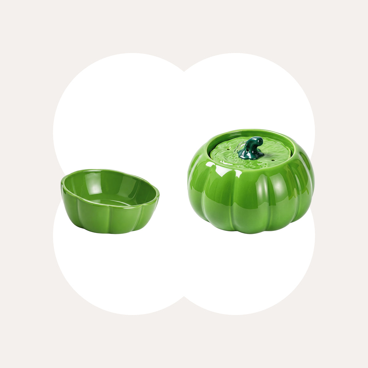 Green Pumpkin Patch ceramic cat water fountain and matching cat bowl set.