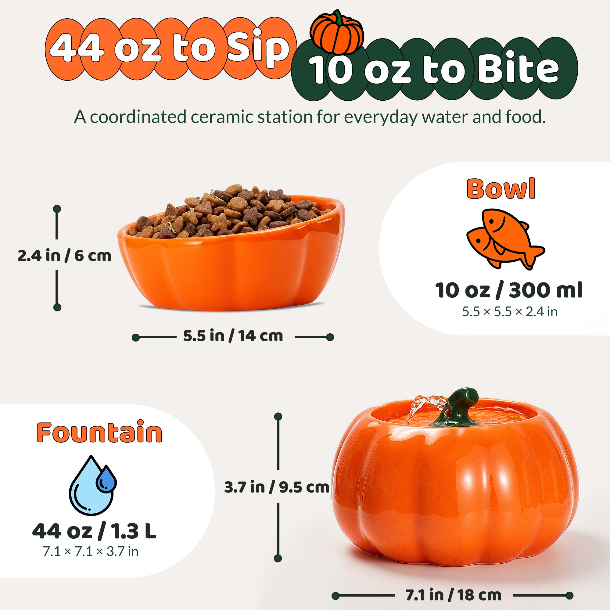 Dimensions and capacities of the 44 oz fountain and 10 oz bowl.
