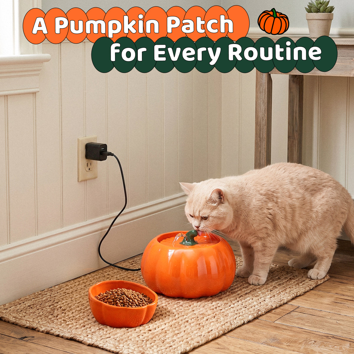 Cat using a Pumpkin Patch fountain beside a wide shallow food bowl.