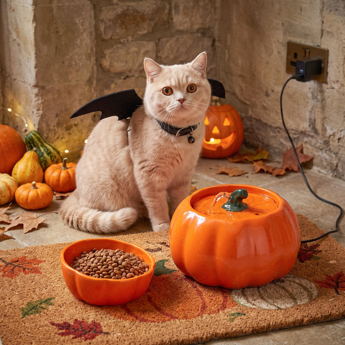 Cat enjoying a whimsical Pumpkin Patch fountain and bowl feeding corner.