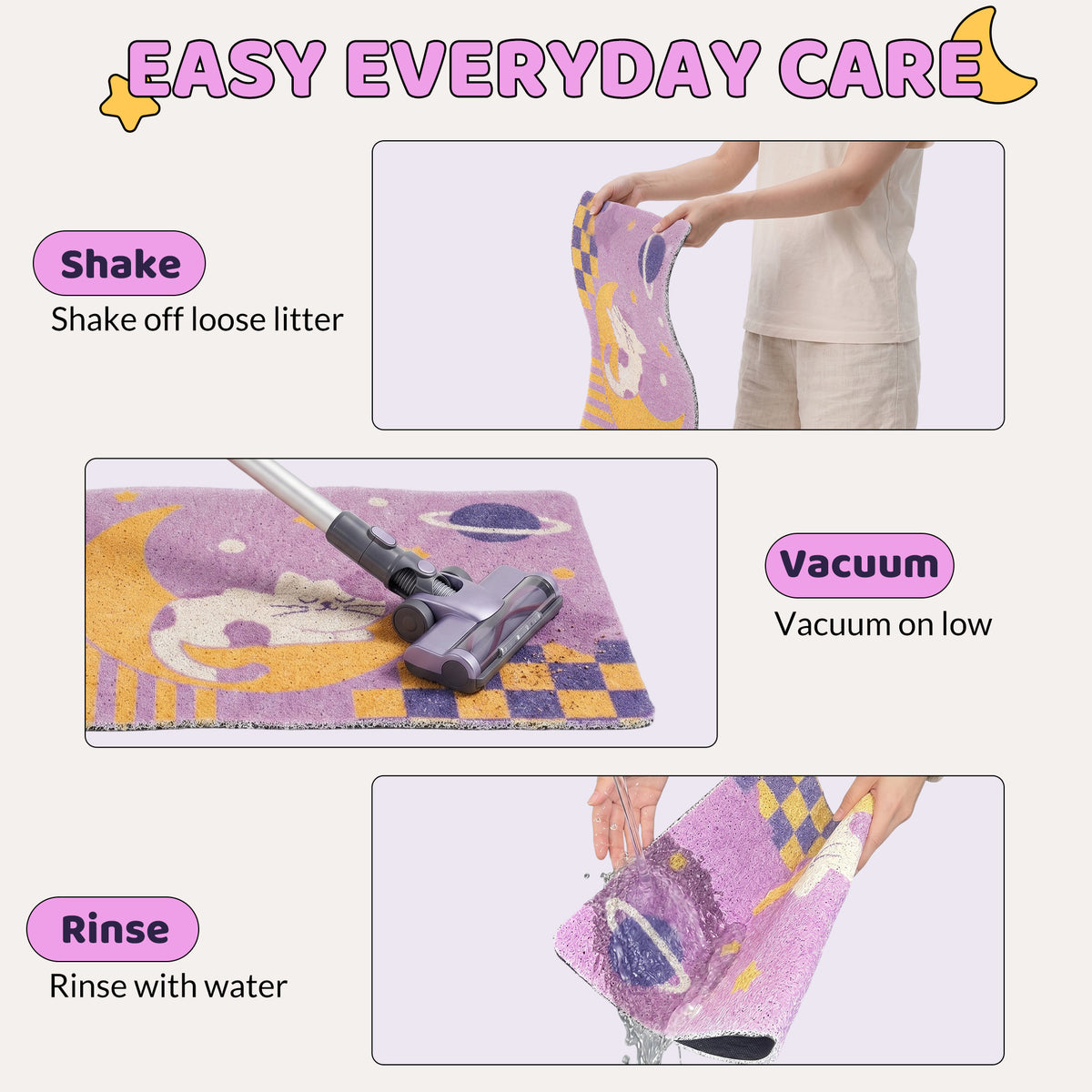 Shake vacuum and rinse cleaning instructions