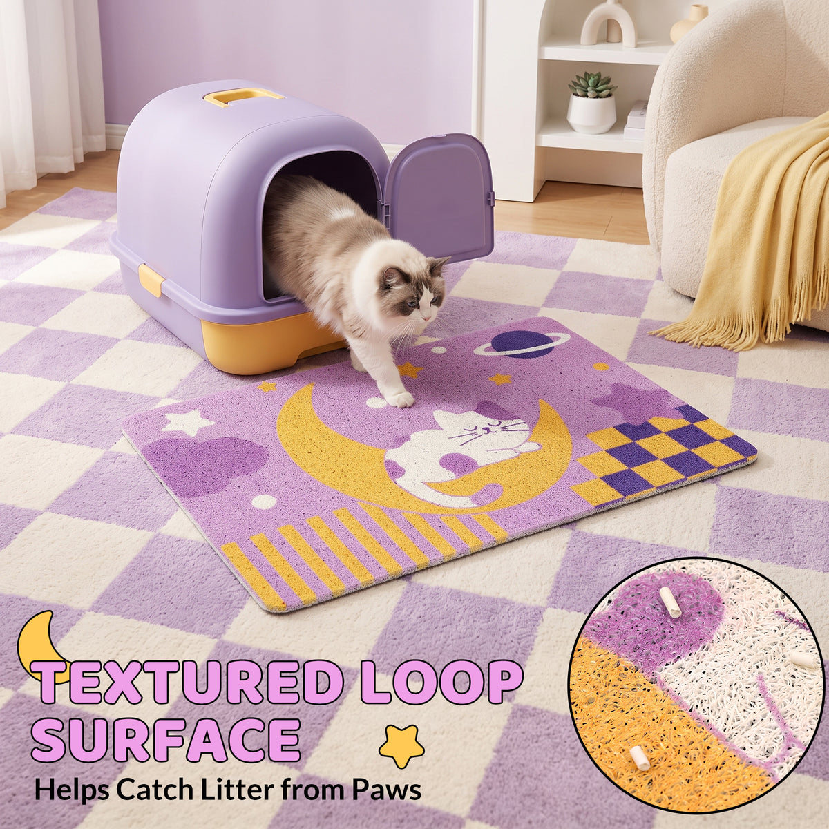 Textured loop surface traps litter from cat paws