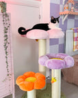 A cat sitting on the flower platform of the Three Flower Cat Tree in a pink-purple themed room