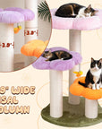 Three cats on various platforms of the Three Flower Cat Tree, featuring a 3.9-inch diameter sisal pillar