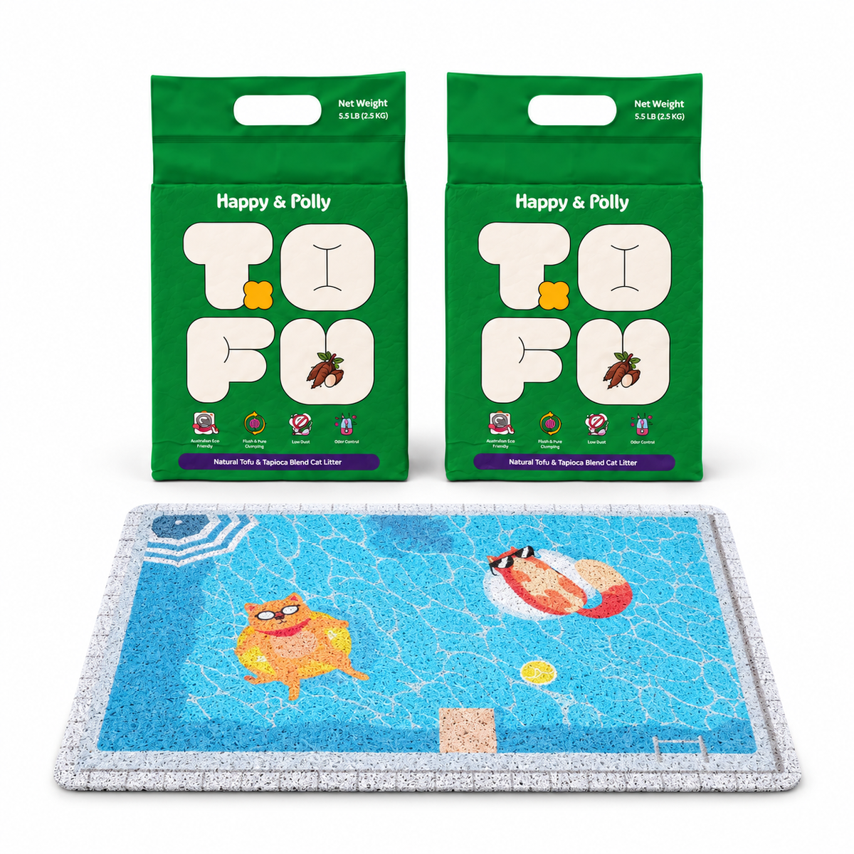 Happy &amp; Polly Tofu &amp; Cassava Cat Litter two 5.5lb Bags with Summer Pool Cat Litter Mat — white background