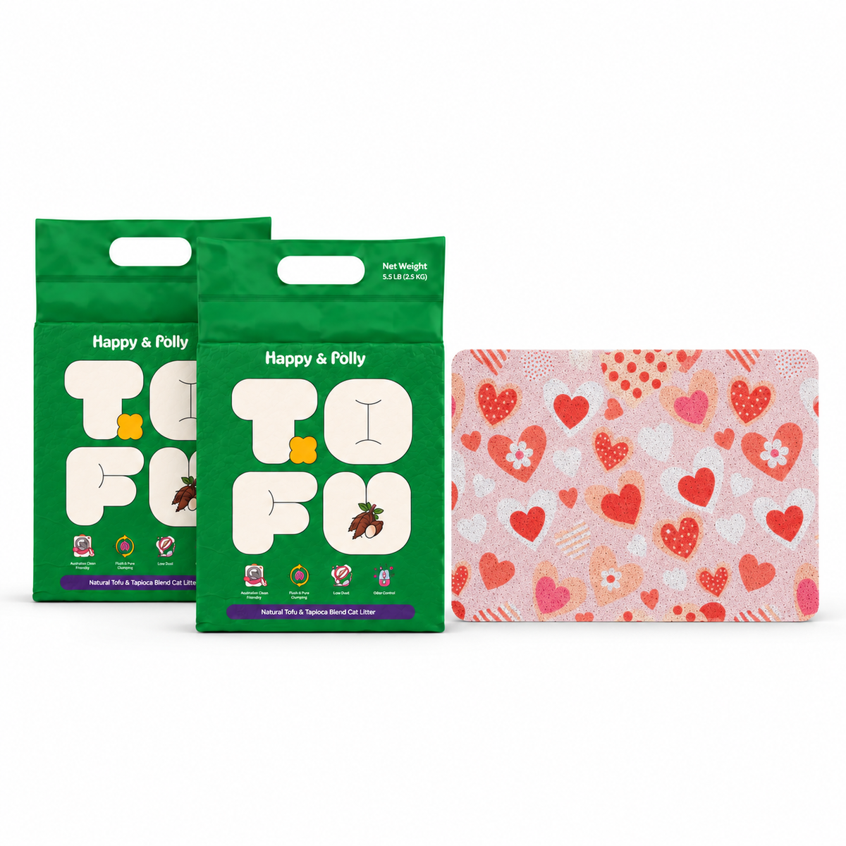 Happy &amp; Polly Tofu &amp; Cassava Cat Litter two 5.5lb Bags with Sweetie Heart Cat Litter Mat — white background